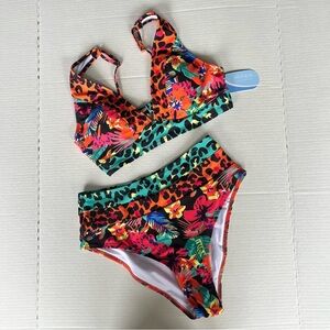 Hilinker Women's V Neck High Waisted Floral Leopard Bikini Swimsuit Set Medium